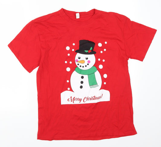 Front view of Casual Classics men’s red t-shirt, size M, - christmas snowman