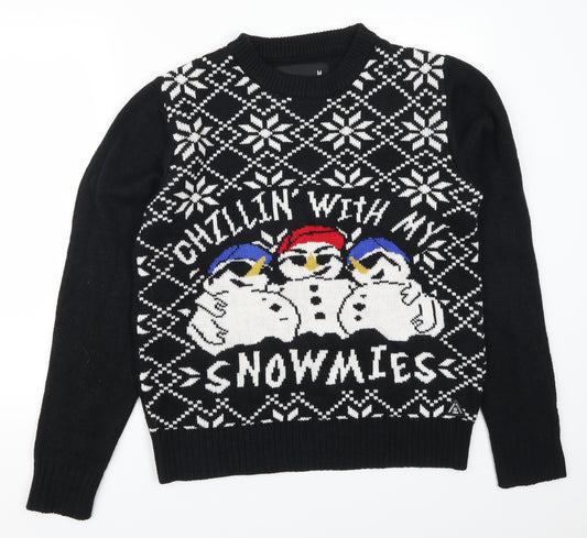Front view of American Stitch men’s black jumper, size M, - chillin with my snowmies