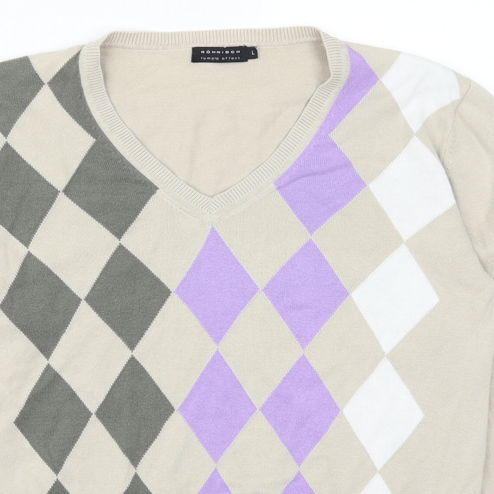 Ronisch Womens Beige Argyle/Diamond  Pullover Jumper Size L  - Purple
