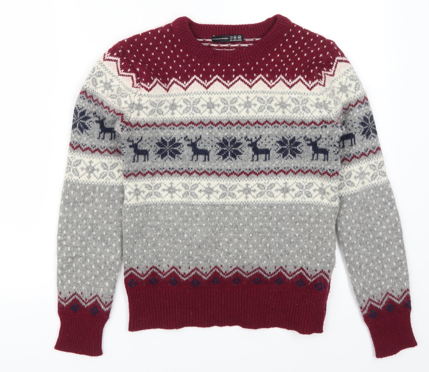 Atmosphere Womens Red Fair Isle  Pullover Jumper Size 8  - Grey Christmas Print