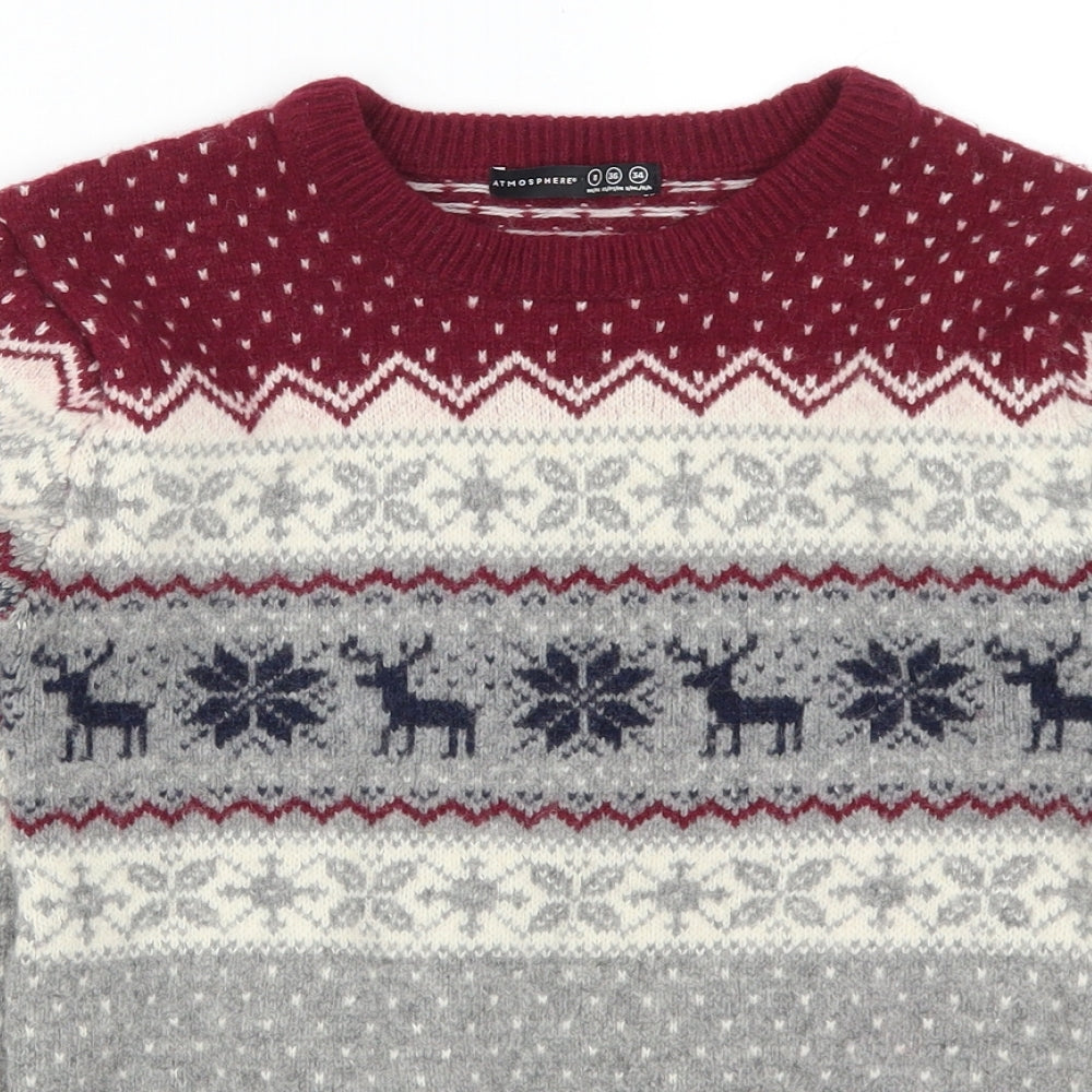 Atmosphere Womens Red Fair Isle  Pullover Jumper Size 8  - Grey Christmas Print