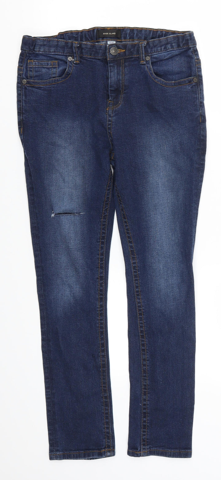 River Island Girls Blue Denim Skinny Jeans Size 12 Years - Distressed Look