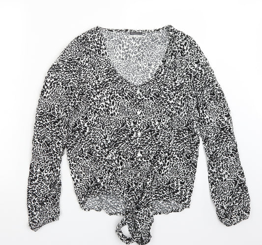 Front view of Beloved women’s white animal print basic button-up, size UK 8