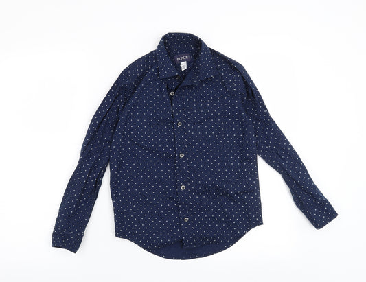 Front view of Place boys’ blue geometric basic button-up, size 7-8, years