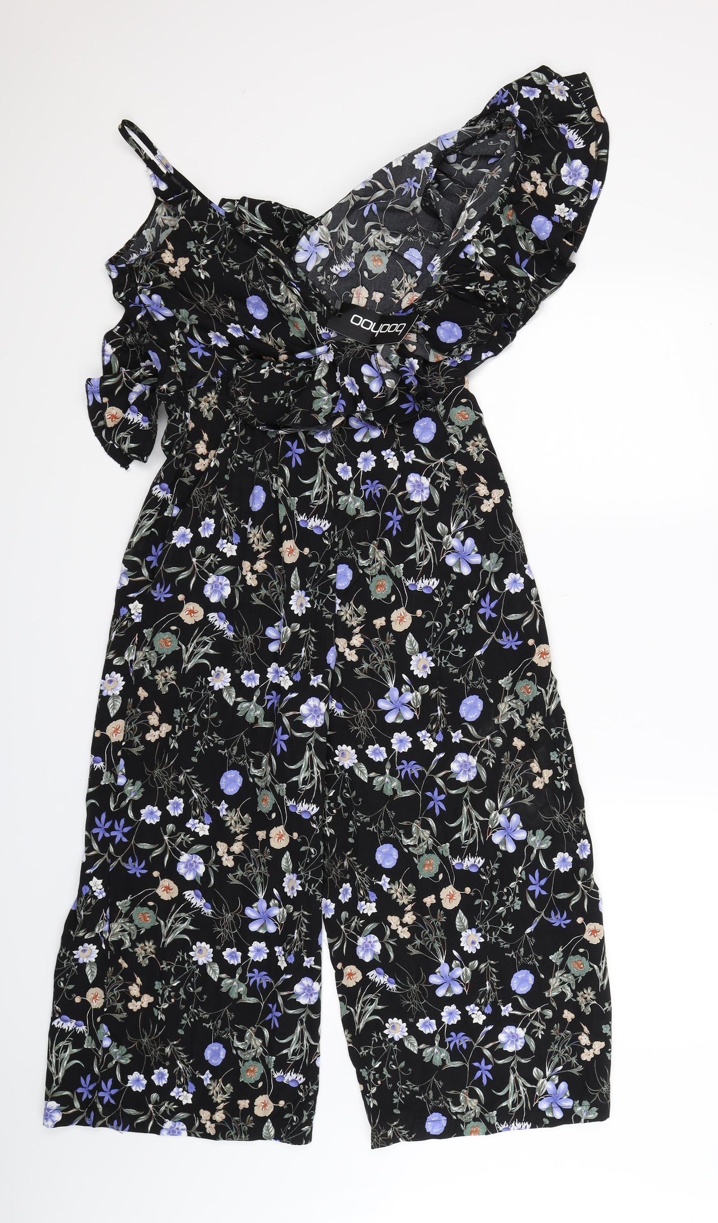 Boohoo Womens Black Floral  Jumpsuit One-Piece Size 10 L22 in