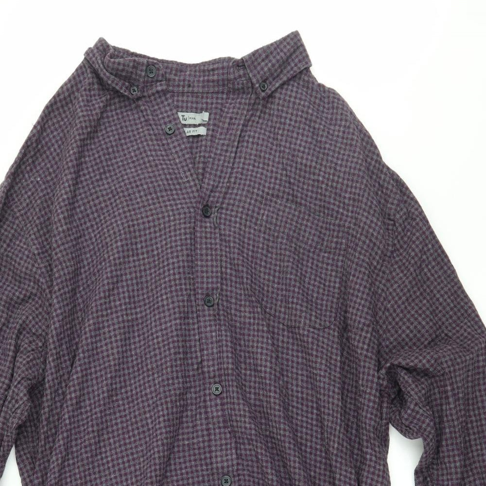TU Mens Purple Check   Button-Up Size XL