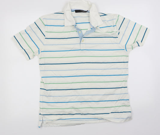 Front view of Ungaro men’s white striped polo, size M
