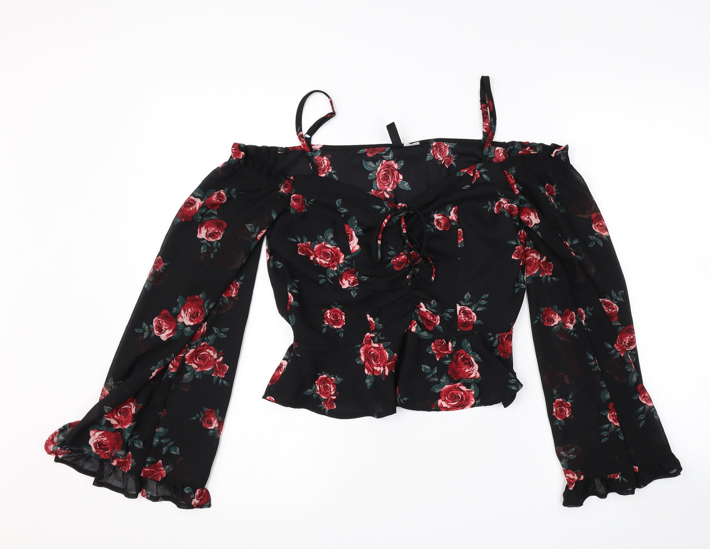 H&M Womens Black Floral  Basic T-Shirt Size 12  - Cut Out Shoulder
