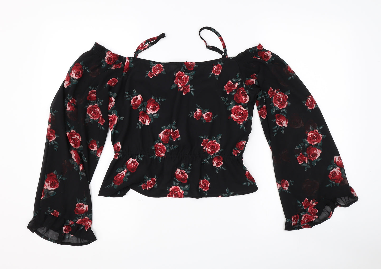 H&M Womens Black Floral  Basic T-Shirt Size 12  - Cut Out Shoulder