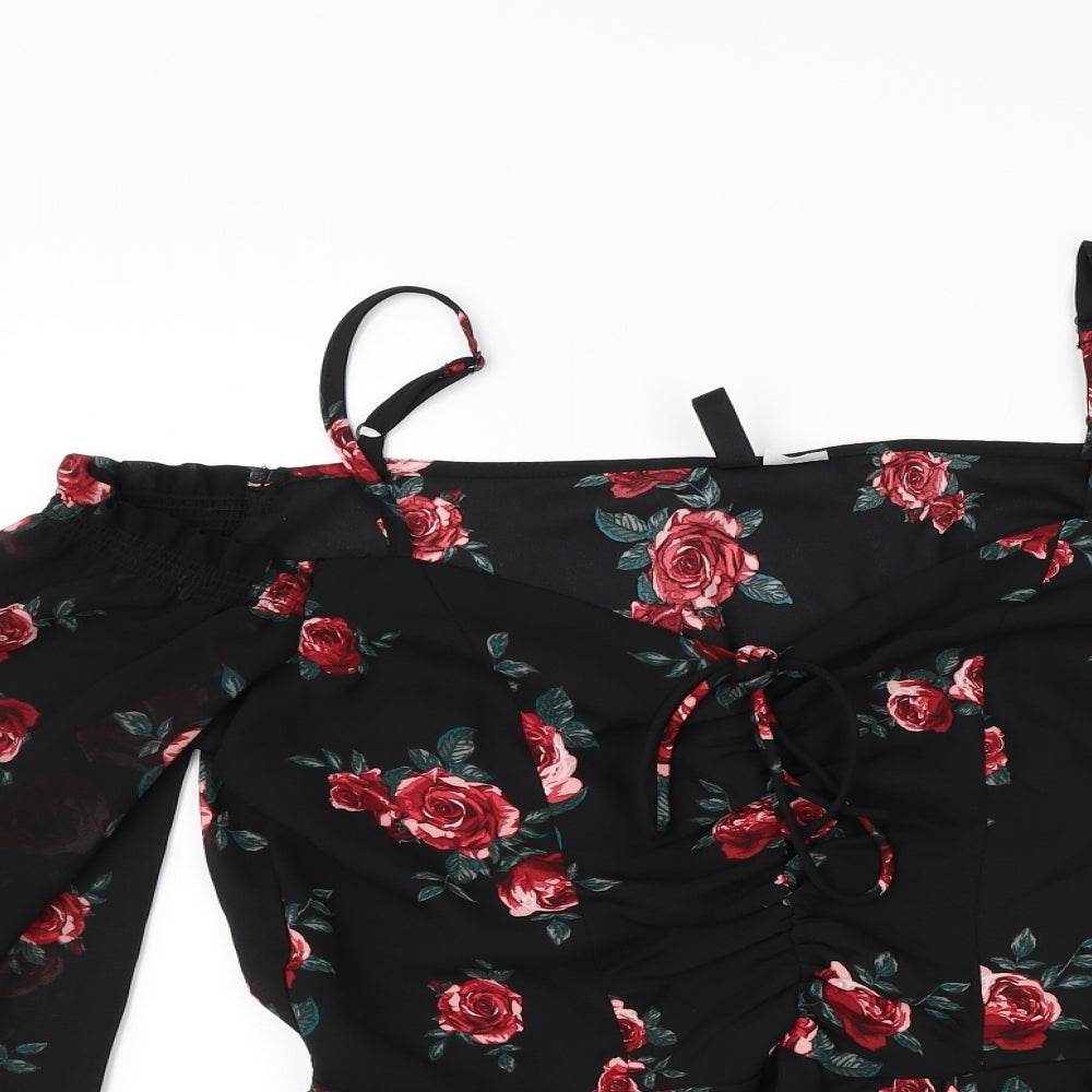 H&M Womens Black Floral  Basic T-Shirt Size 12  - Cut Out Shoulder