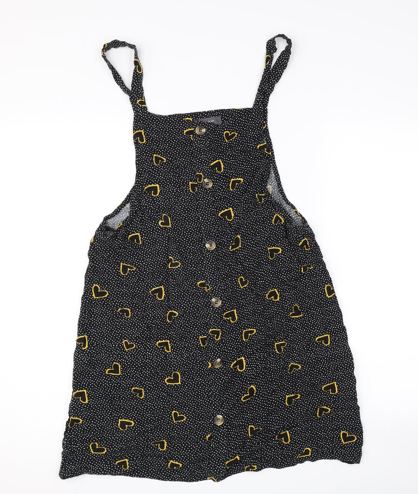 Primark Womens Black Polka Dot  Pinafore/Dungaree Dress  Size 12  - Love heart print