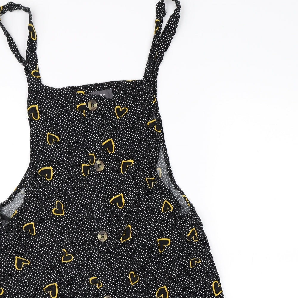 Primark Womens Black Polka Dot  Pinafore/Dungaree Dress  Size 12  - Love heart print