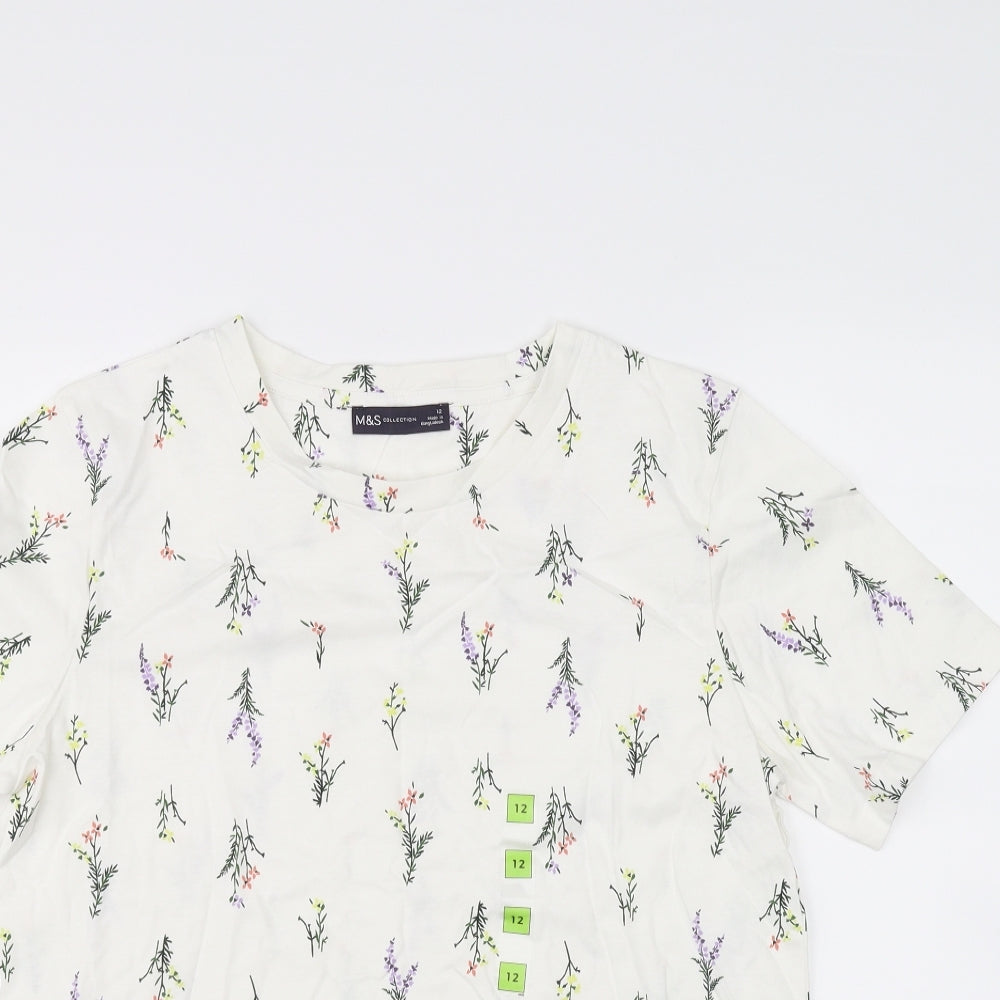 M&S Womens White Floral  Basic T-Shirt Size 12