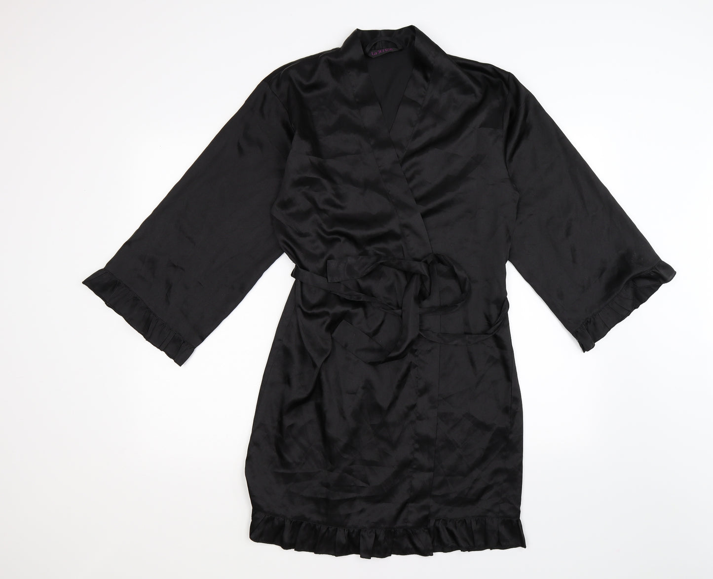 La Senza Womens Black Solid Satin Kimono Robe Size 8