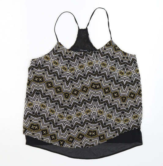 Front view of New Look women’s black geometric chiffon basic tank, size UK 12