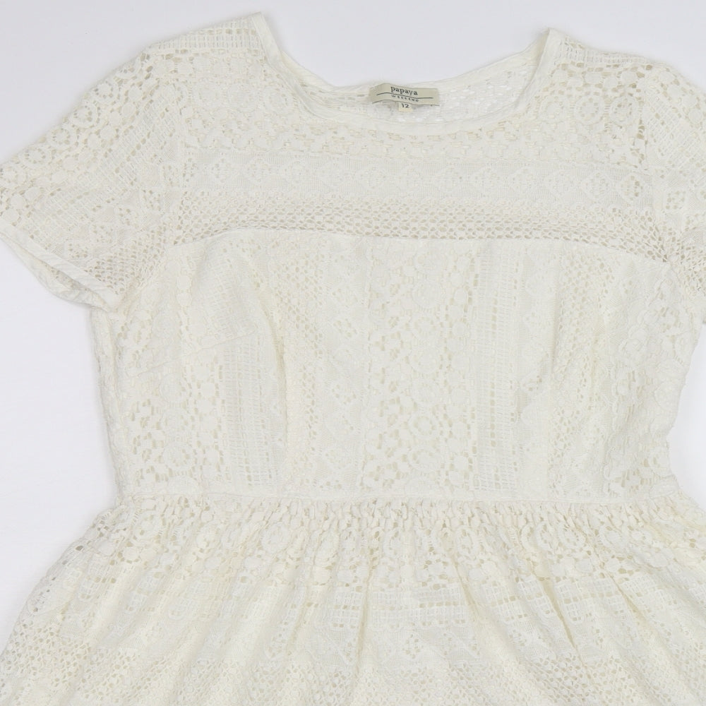 Papaya Womens White Floral Crochet Fit & Flare  Size 12