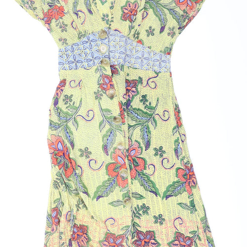 Angie Womens Yellow Floral  Fit & Flare  Size S