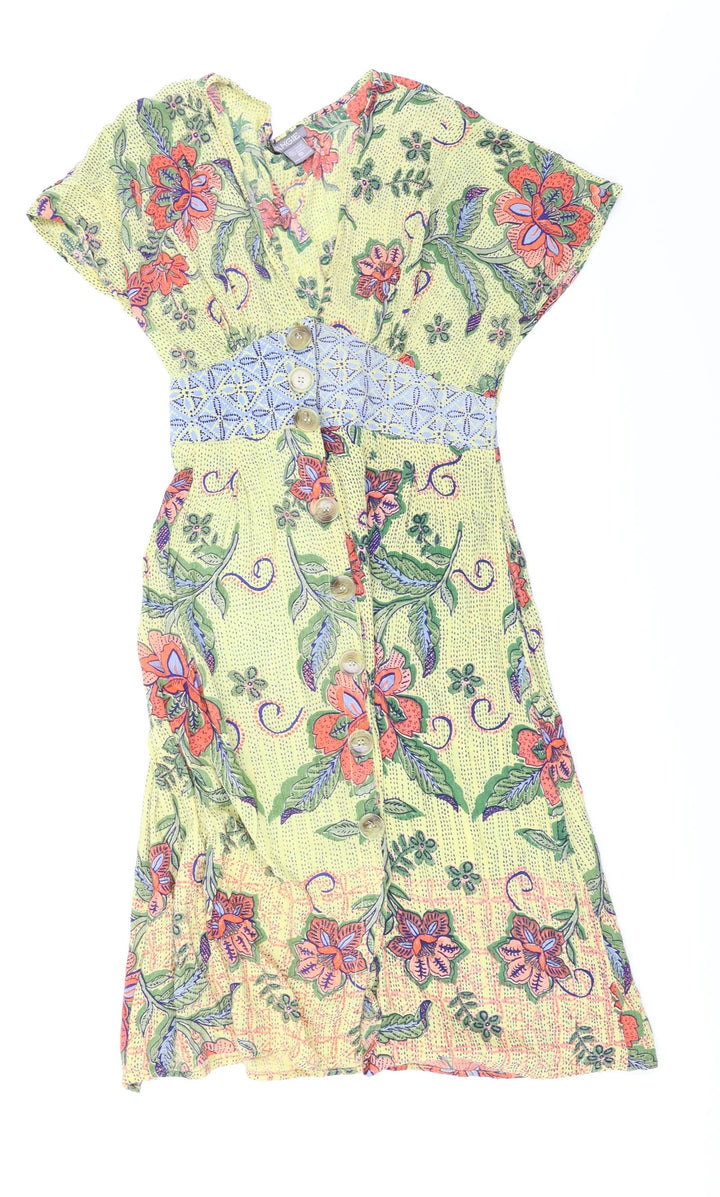 Angie Womens Yellow Floral Fit & Flare Size S
