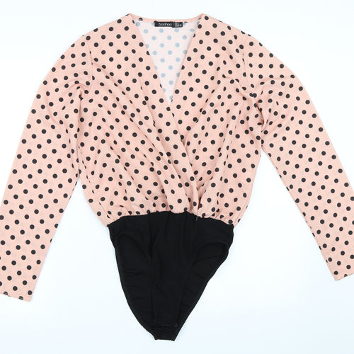 Boohoo Womens Pink Polka Dot  Basic Blouse Size 8  - bodysuit