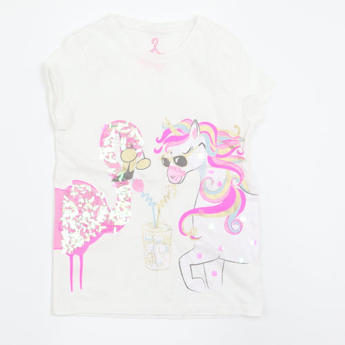 F&F Girls White   Basic T-Shirt Size 5-6 Years  - Unicorn Flamingo