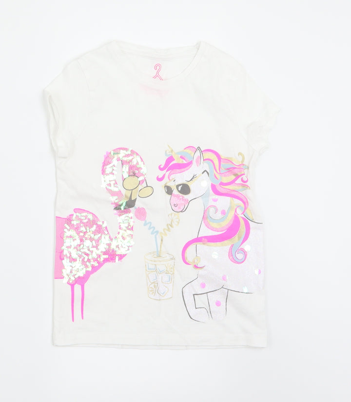 F&F Girls White Basic T-Shirt Size 5-6 Years - Unicorn Flamingo