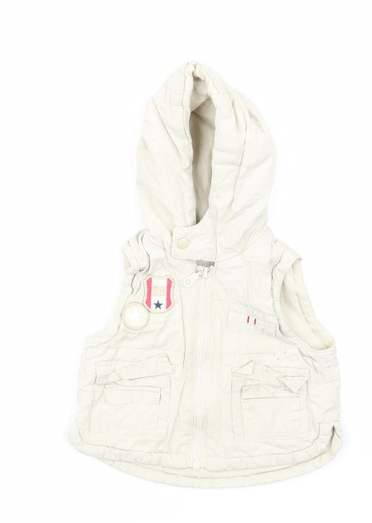 Front view of Pequilino boys’ beige gilet jacket, size 6-9, months