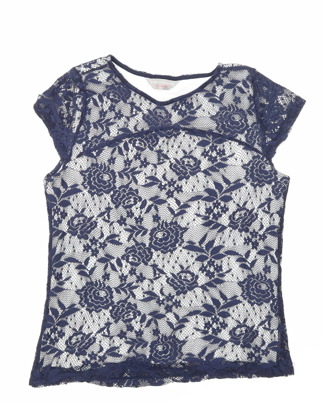 Dorothy Perkins Womens Blue Floral Lace Basic T-Shirt Size 12