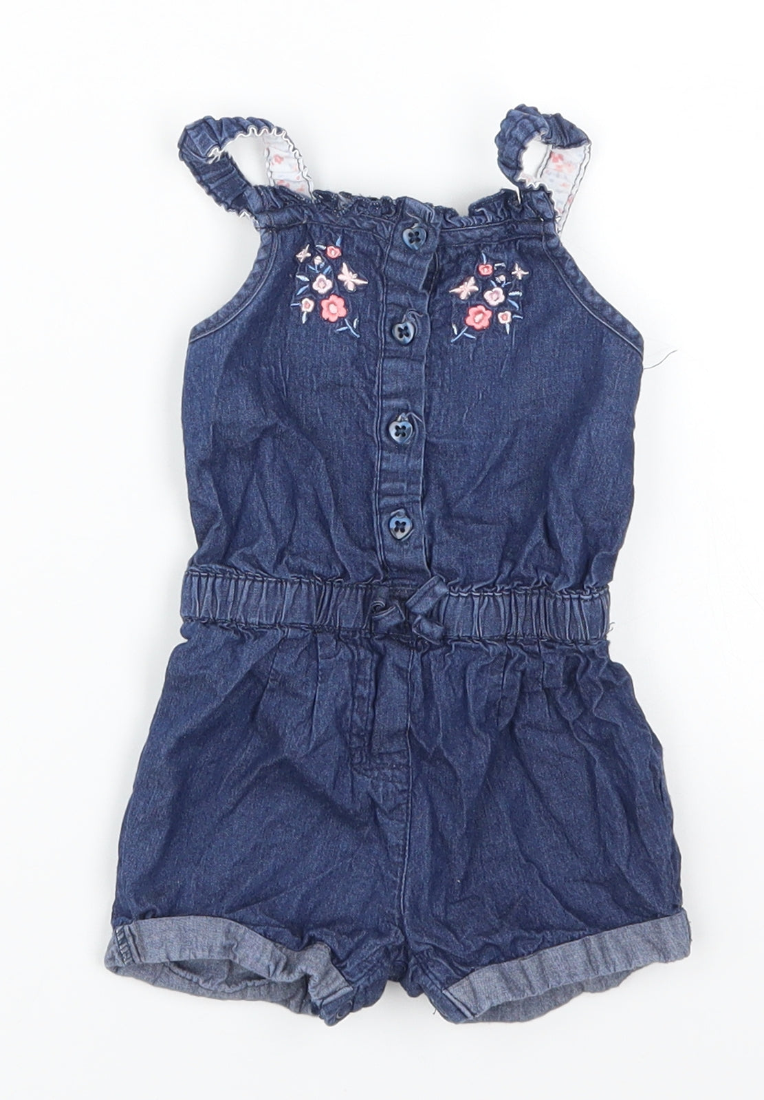 Early Days Girls Blue Floral Denim Romper One-Piece Size 6-9 Months