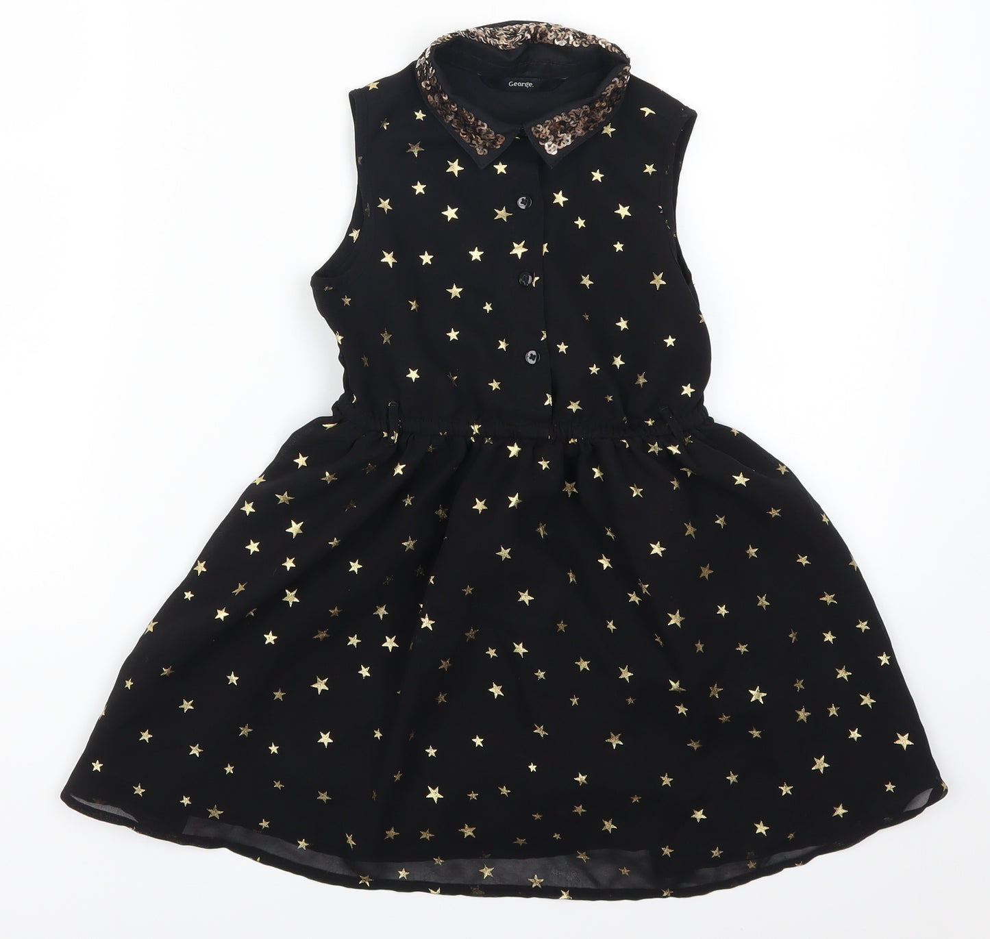 George Girls Black Geometric  Skater Dress  Size 5-6 Years  - Gold Star Print