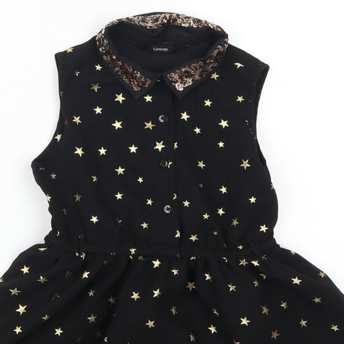 George Girls Black Geometric  Skater Dress  Size 5-6 Years  - Gold Star Print