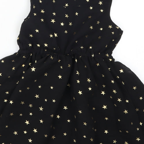 George Girls Black Geometric  Skater Dress  Size 5-6 Years  - Gold Star Print