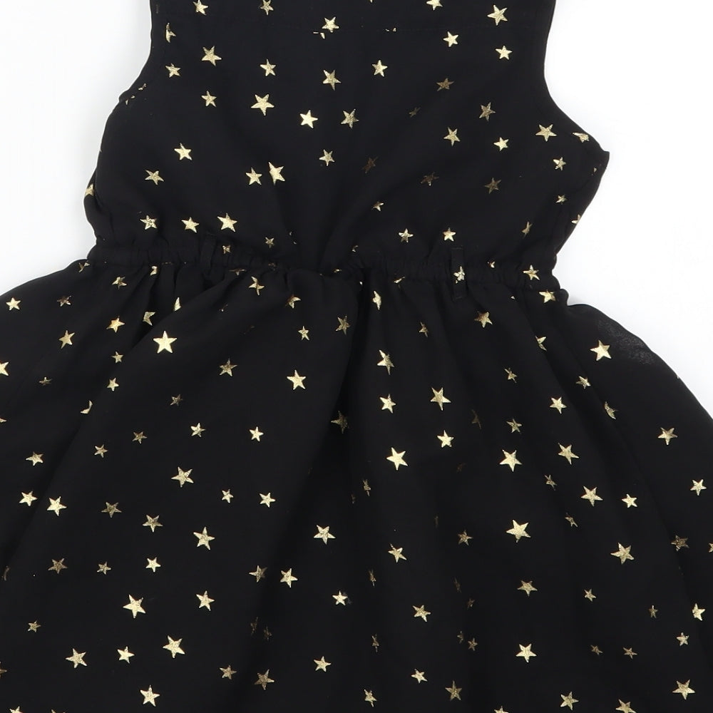 George Girls Black Geometric  Skater Dress  Size 5-6 Years  - Gold Star Print