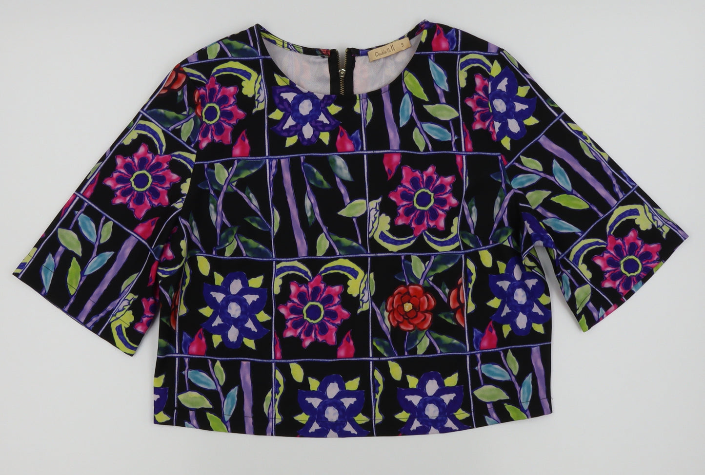 Double 11 Womens Black Floral  Basic T-Shirt Size S