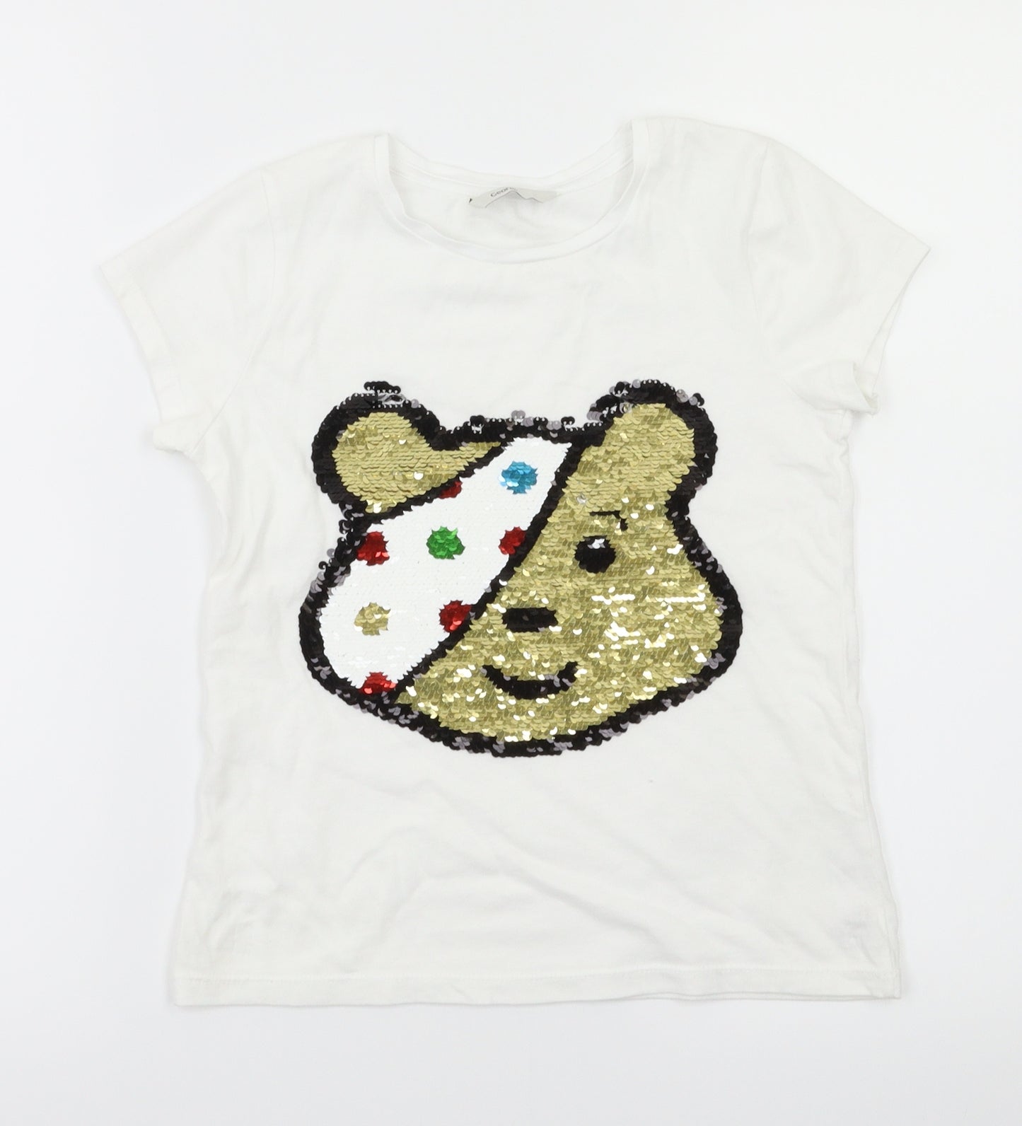 George  Girls White Animal Print  Basic T-Shirt Size 8-9 Years