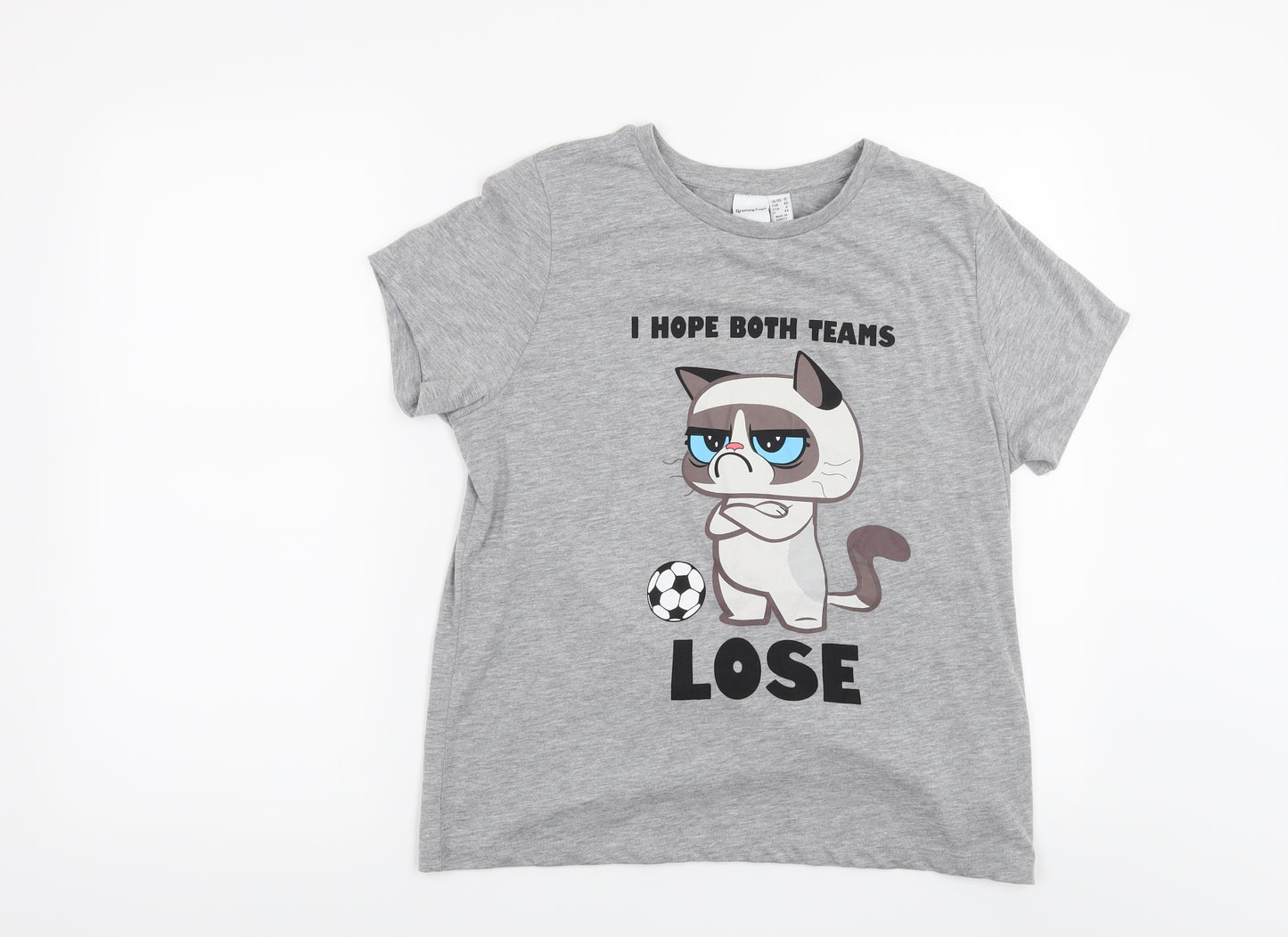 Primark Womens Grey   Basic T-Shirt Size 12  - Grumpy Cat I hope both teams lose
