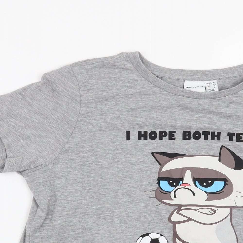 Primark Womens Grey   Basic T-Shirt Size 12  - Grumpy Cat I hope both teams lose