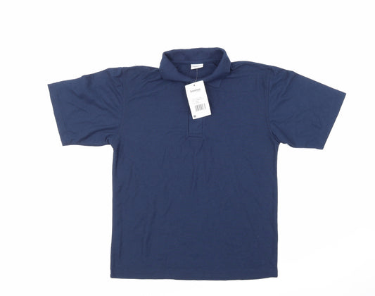 Front view of Banner men’s blue polo, size S