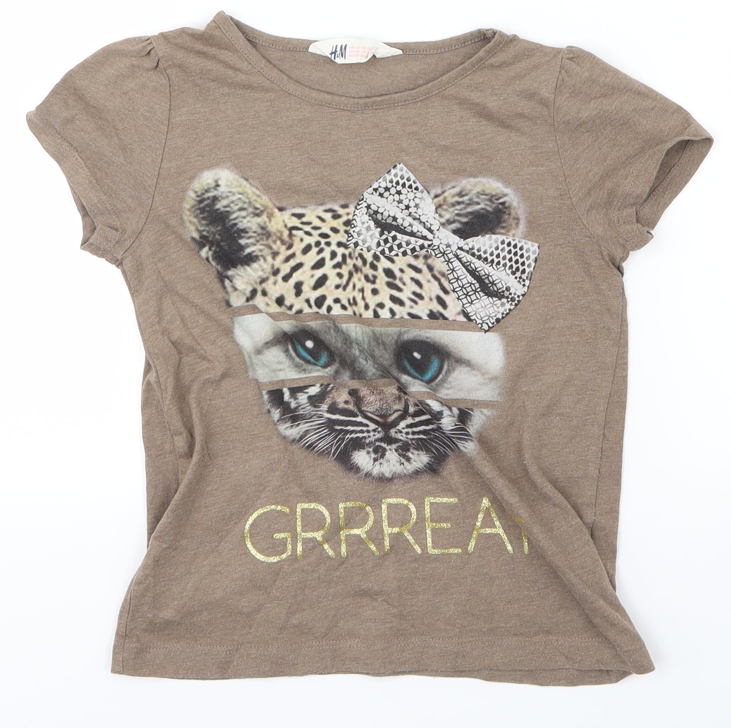 H&M Girls Brown   Basic T-Shirt Size 6-7 Years  - Cat print