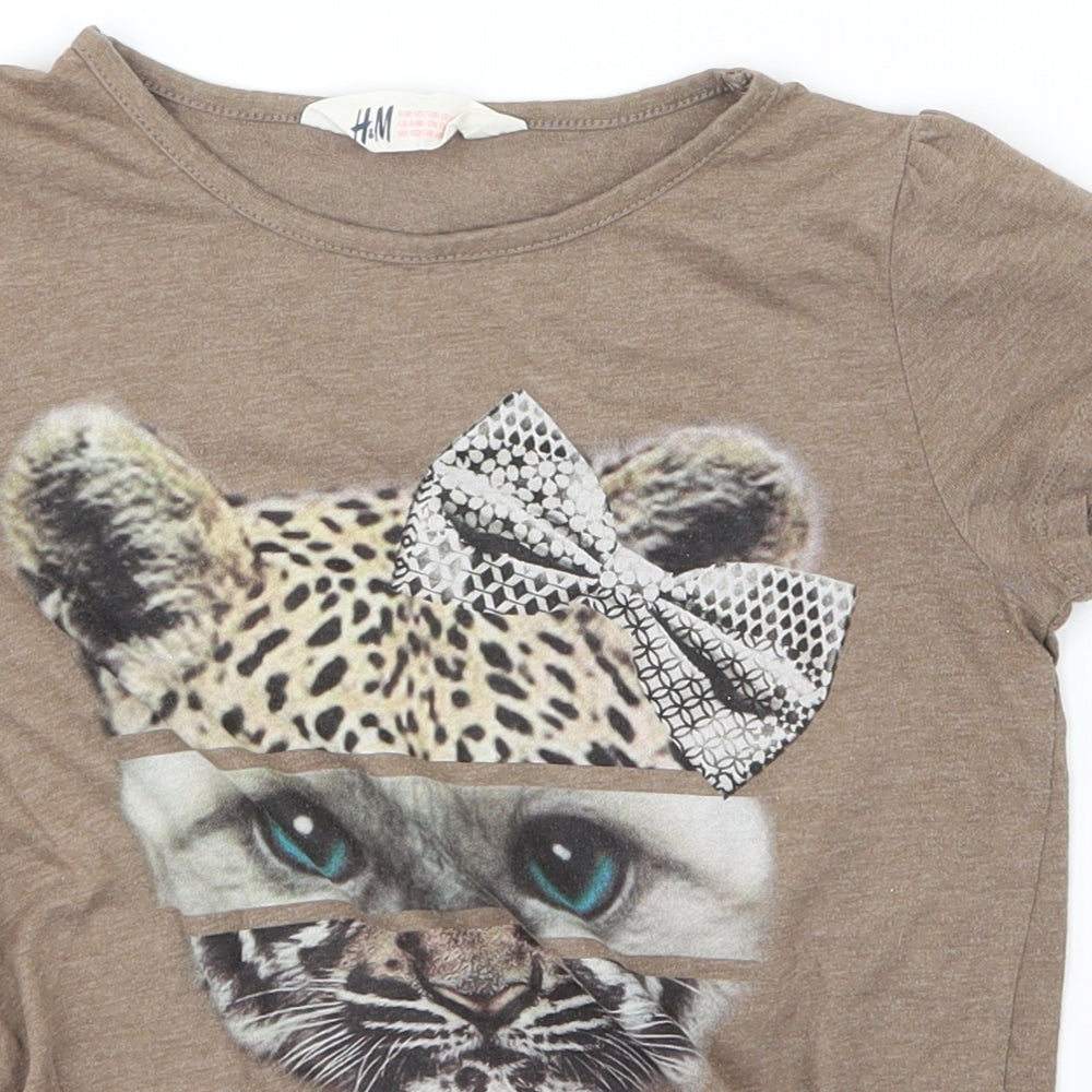 H&M Girls Brown   Basic T-Shirt Size 6-7 Years  - Cat print