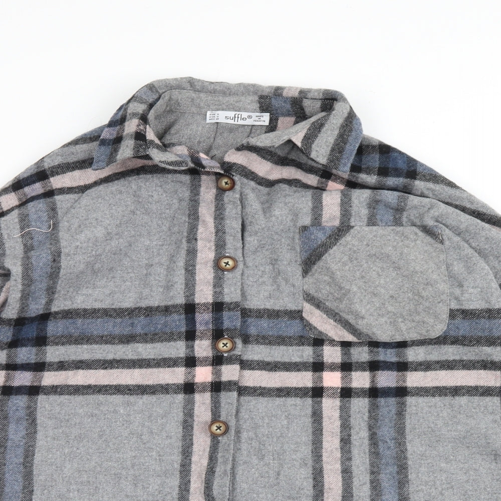 suffle Womens Grey Plaid Fleece Basic Button-Up Size S  - distressed