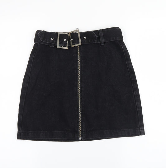 Front view of Topshop women’s grey denim mini skirt, size UK 6