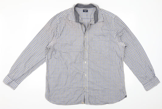 Front view of boston crew men’s grey plaid button-up, size XL