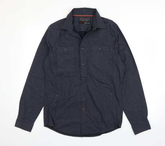 Front view of Urbndist men’s blue dress shirt, size S