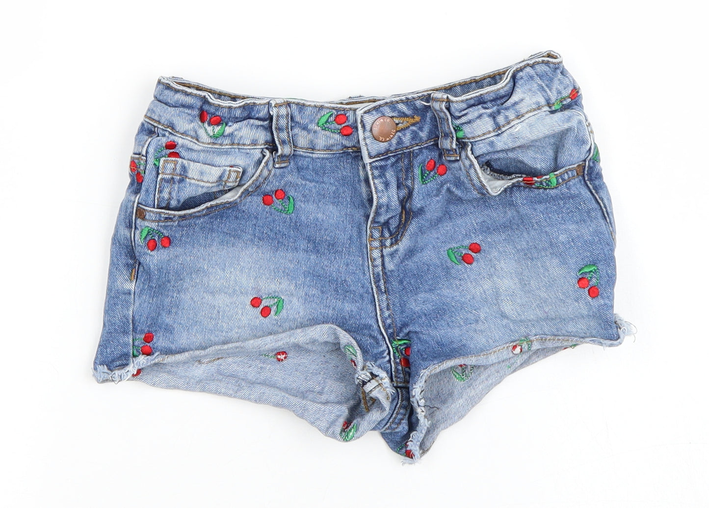 Primark Girls Blue  Denim Hot Pants Shorts Size 8-9 Years - Cherries