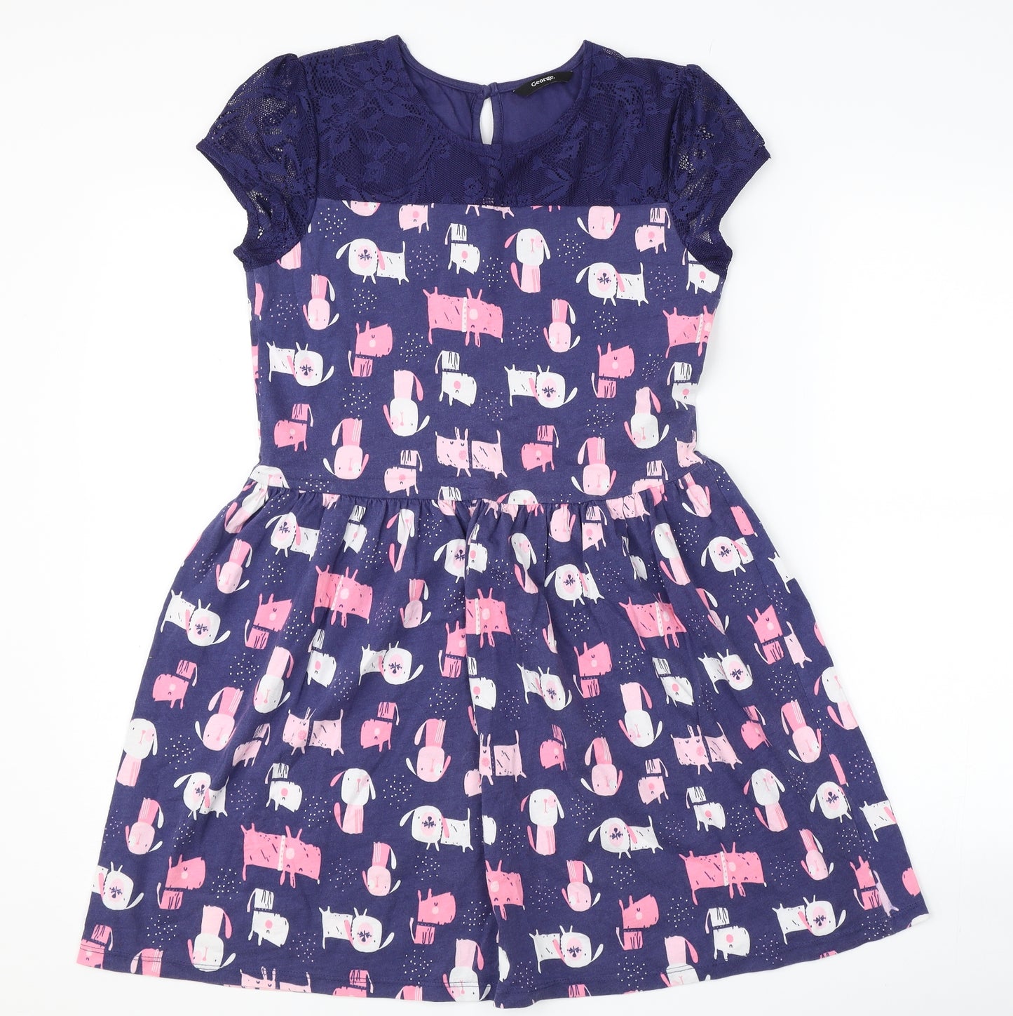 George Girls Blue   Skater Dress  Size 12-13 Years  - Dog Print