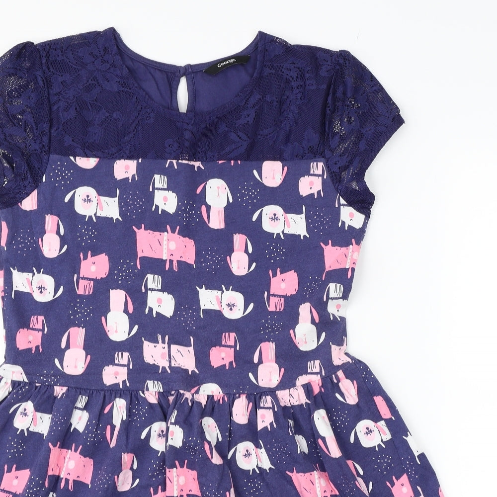 George Girls Blue   Skater Dress  Size 12-13 Years  - Dog Print
