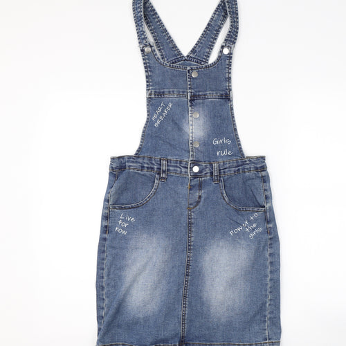 Miss E-vie Girls Blue  Denim Pinafore/Dungaree Dress  Size 13-14 Years  - slogan