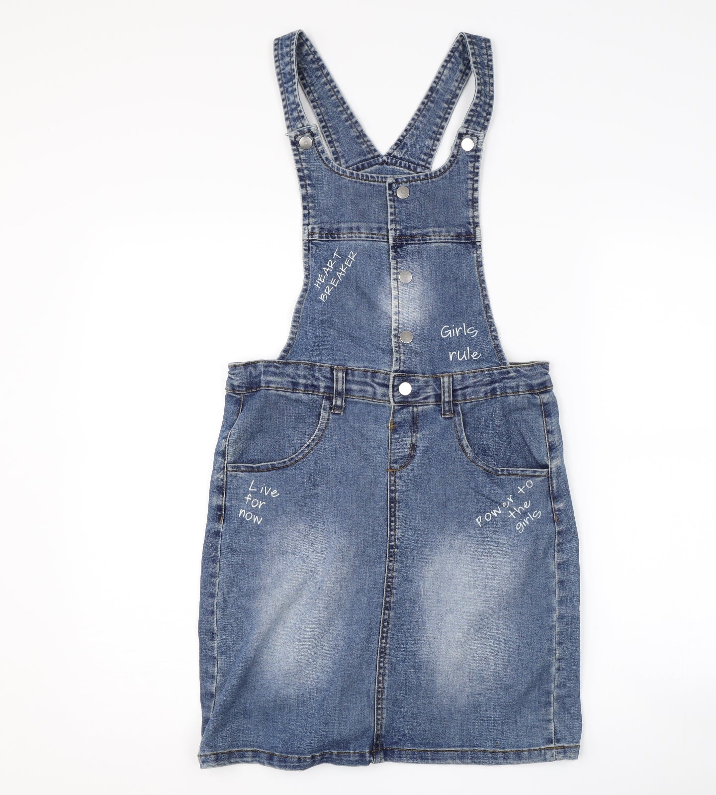 Miss E-vie Girls Blue  Denim Pinafore/Dungaree Dress  Size 13-14 Years  - slogan