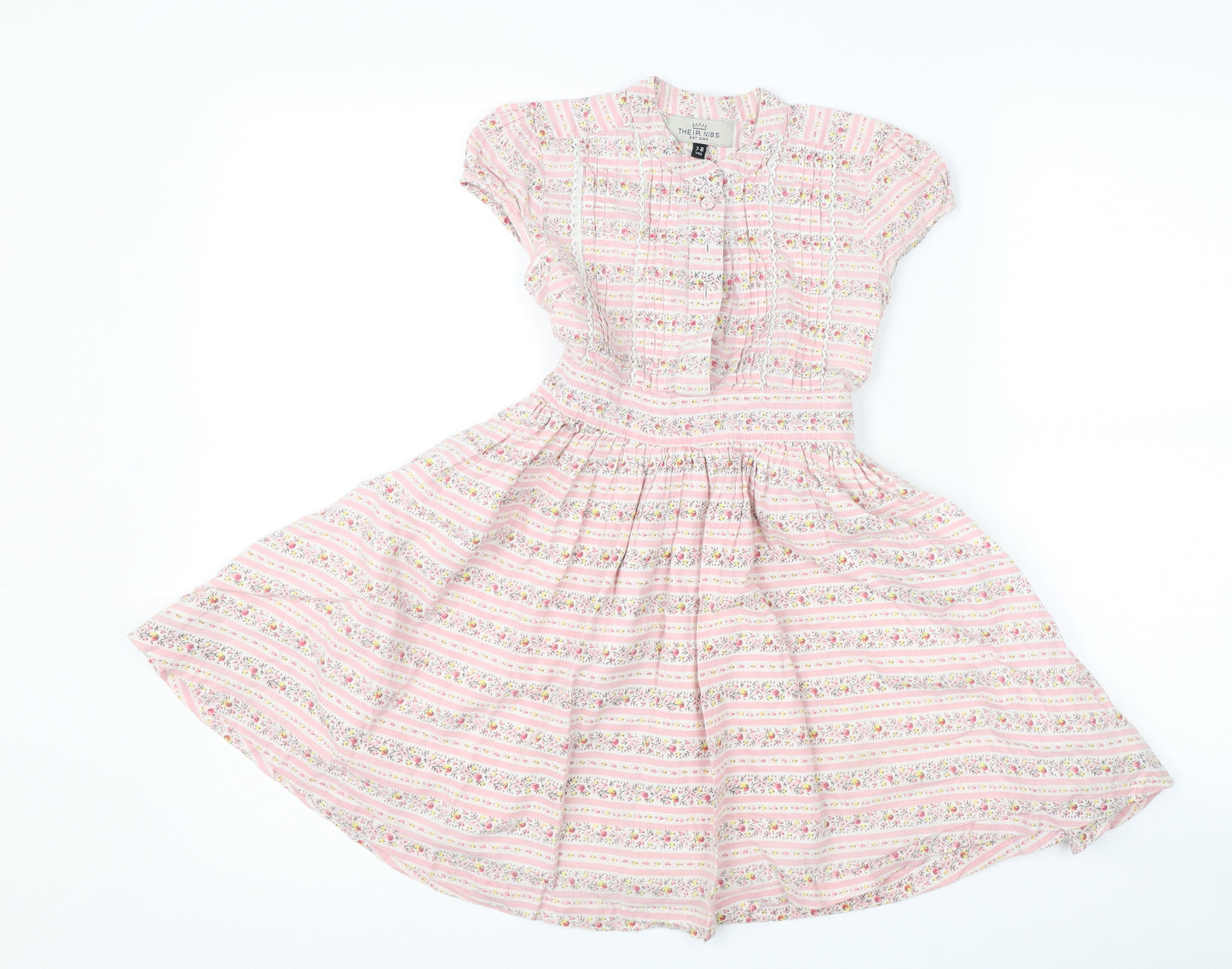 Their Nibs Girls Pink Striped  A-Line  Size 7-8 Years  - flowers