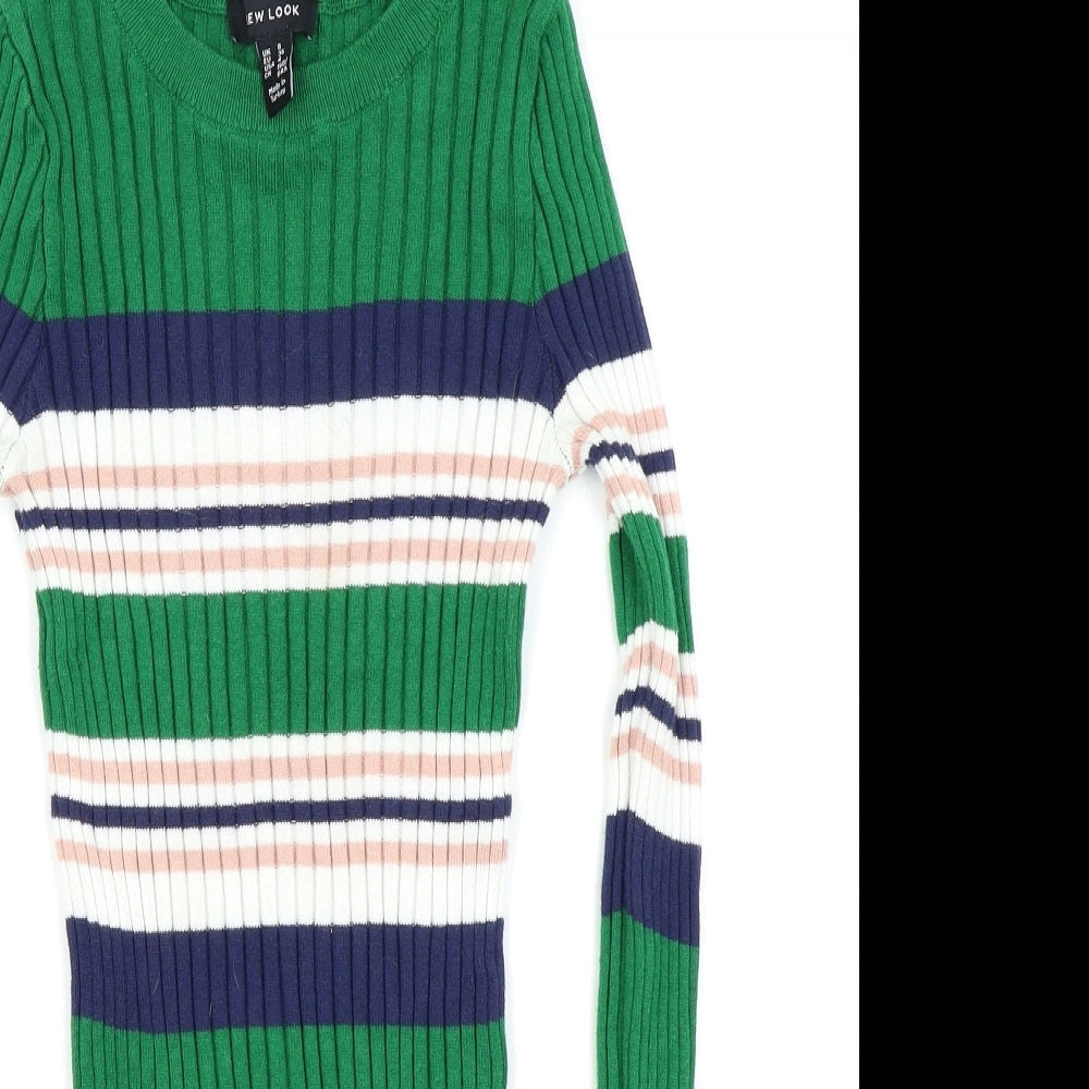 New Look Womens Green Striped  Basic T-Shirt Size 8